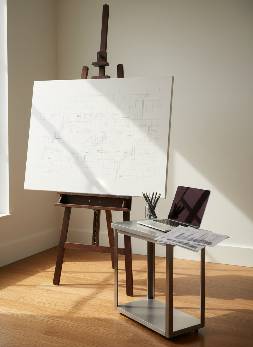 A serene corner of a studio featuring a sturdy easel holding a monochrome abstract canvas composed of faint grid lines and subtle numerical motifs, echoing financial data. Beside it, a narrow metal side table supports a closed laptop, a tidy stack of printed reports clipped together, and a small glass jar of graphite sticks. The floor is warm-toned wood, and the background wall is smooth and light, free from distraction. Natural late-morning light enters from the left, creating delicate highlights on the laptop edge and soft, elongated shadows from the easel legs. Photographic realism, three-quarter view with the easel as the primary subject. The atmosphere is contemplative and disciplined, ideal for a post about transforming complex financial ideas into visual, accessible art.