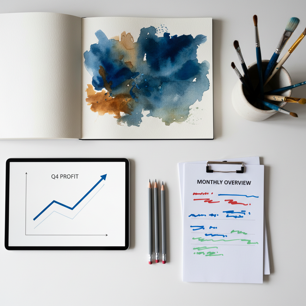 A close-up of a minimalist white table where a carefully arranged flat lay combines finance and art tools: a tablet showing a clean line graph, a thick watercolor pad opened to a half-finished abstract painting, several sharpened graphite pencils, and a small stack of neatly clipped financial reports with colorful annotations. A ceramic cup holds assorted paintbrushes, their tips stained with blues and ochres. Diffused overcast light from above reduces harsh shadows, emphasizing textures of paper and pigment. Photographic realism, top-down composition with a balanced, editorial feel. The atmosphere is calm, organized, and analytical, ideal for a personal blog that thoughtfully connects money management with creative practice.