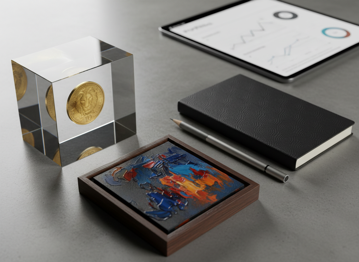 A polished concrete tabletop featuring a carefully composed still life: a transparent acrylic cube encasing a single gold-toned coin, next to a small framed abstract painting with bold brushstrokes in deep blues and burnt orange. Beside them lies a slim black notebook with subtle embossed patterns and a mechanical pencil aligned perfectly parallel to its edge. A tablet with a minimalist portfolio dashboard rests slightly out of focus in the background. Directional studio lighting from the left creates crisp highlights on the acrylic and metallic surfaces, while the painting’s textures appear richly saturated. Photographic realism, shot from a slightly elevated angle with a medium depth of field. The scene feels sophisticated, reflective, and subtly luxurious without being clichéd, ideal for illustrating the intersection of value, investment, and contemporary art.