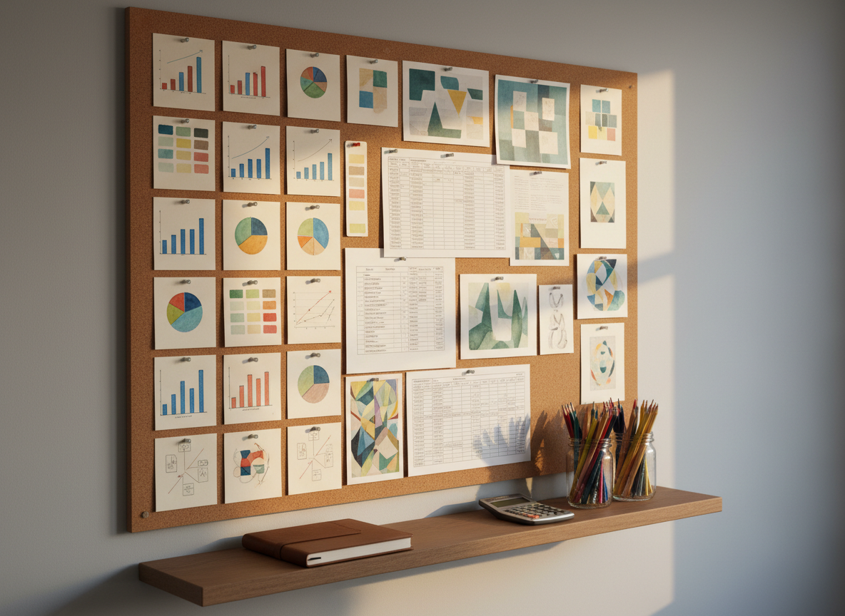 A large corkboard mounted on a soft gray wall, filled with pinned index cards, printed spreadsheets, and small art prints arranged in a structured, grid-like pattern. Some cards feature hand-drawn bar charts and pie charts, others show color swatches and thumbnail sketches for future artworks. Below, a narrow floating shelf holds a closed sketchbook, a calculator, and a glass jar of neatly organized colored pencils. Warm late-afternoon light grazes the surface at an angle, casting long, gentle shadows that add depth. Photographic realism, slightly angled side view using the rule of thirds to keep the board dominant while including part of the wall and shelf. The mood is strategic yet imaginative, evoking long-term planning for both investments and creative projects.