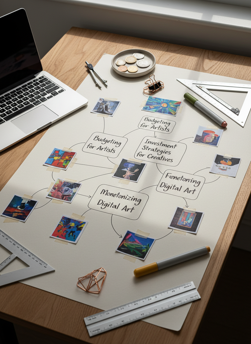An overhead photographic view of a large drafting table covered with a crisp, pale sheet of paper where an intricate mind-map connects handwritten finance concepts to small taped-on art thumbnails. Around the edges lie precision rulers, a silver compass, highlighters in muted tones, and a small tray with neatly sorted coins and geometric paper clips. A slim laptop sits half-open on one corner, its keyboard catching a strip of natural light from a nearby skylight. The illumination is bright but diffused, minimizing glare and creating soft-edged shadows. Photographic realism with strong detail across the frame, giving a sense of depth through overlapping objects. The mood is exploratory and methodical, capturing the behind-the-scenes process of planning thoughtful blog content about money and creativity.