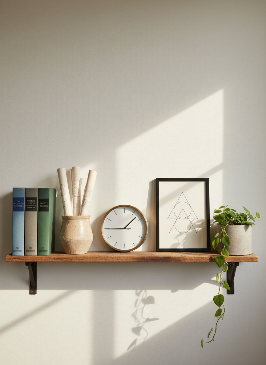 A narrow wooden shelf against a matte off-white wall, holding a curated selection of objects symbolizing a personal journey in art and finance: three neatly arranged hardcover books on investing, a small unglazed ceramic vessel containing rolled-up sketch studies, a simple analog clock with a clean white face, and a framed minimalist line drawing of overlapping geometric shapes. A single trailing plant in a plain concrete pot adds a soft organic touch at the edge. Gentle window light from the right casts soft shadows and a serene glow across the objects. Photographic realism, side-on composition with generous negative space above and around the shelf. The mood is introspective, calm, and professional, suggesting slow, intentional growth in both creative work and financial life.